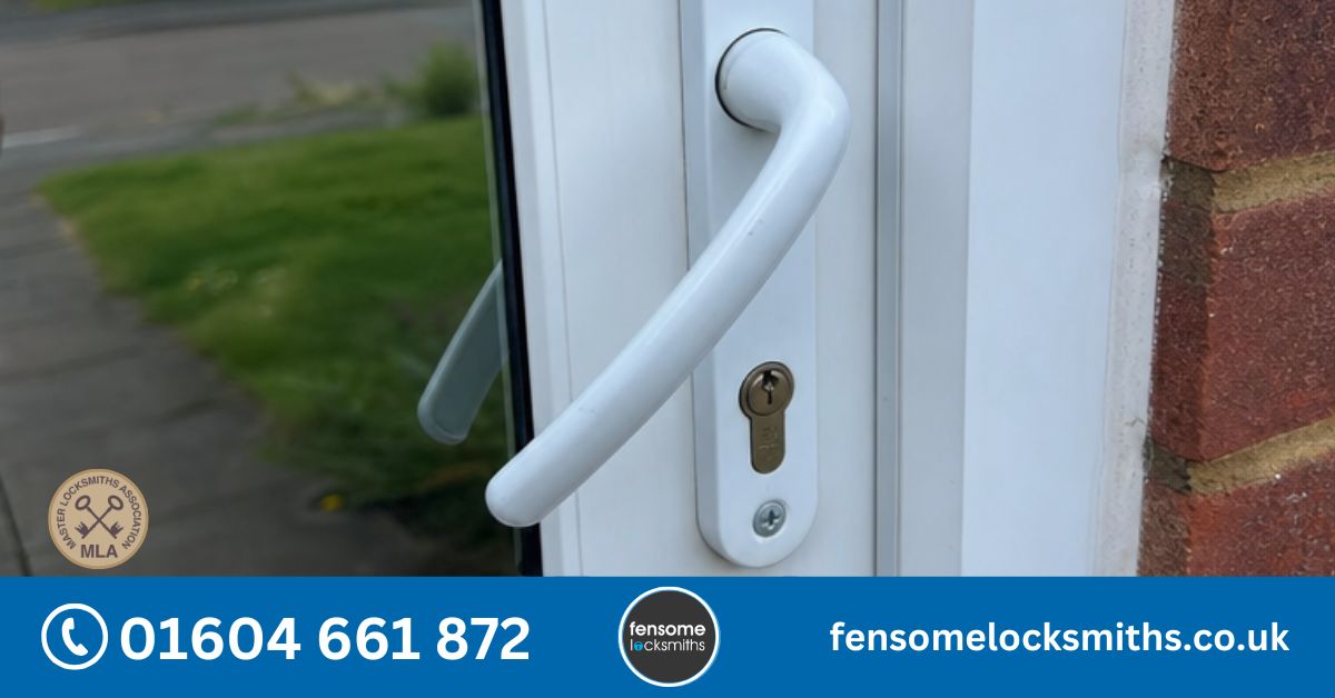 Floppy UPVC door handle on a British home in Northampton